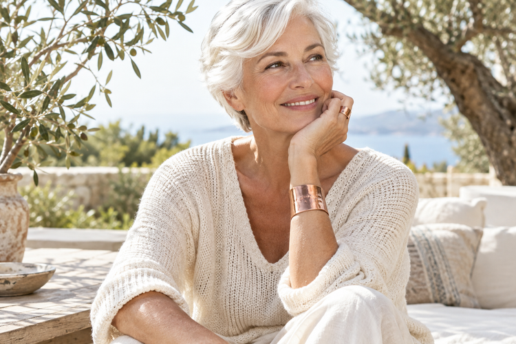 Smiling woman on a sunlit terrace wearing a copper cuff and ring