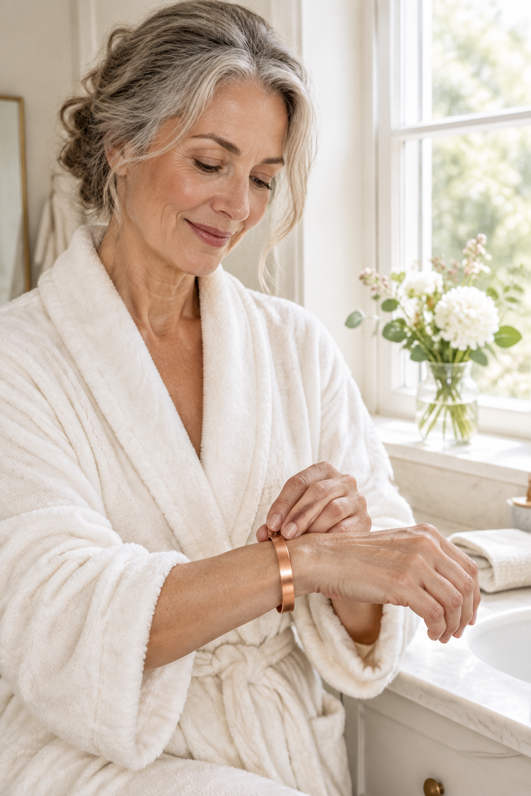 Woman fastening a copper bracelet by a bright window