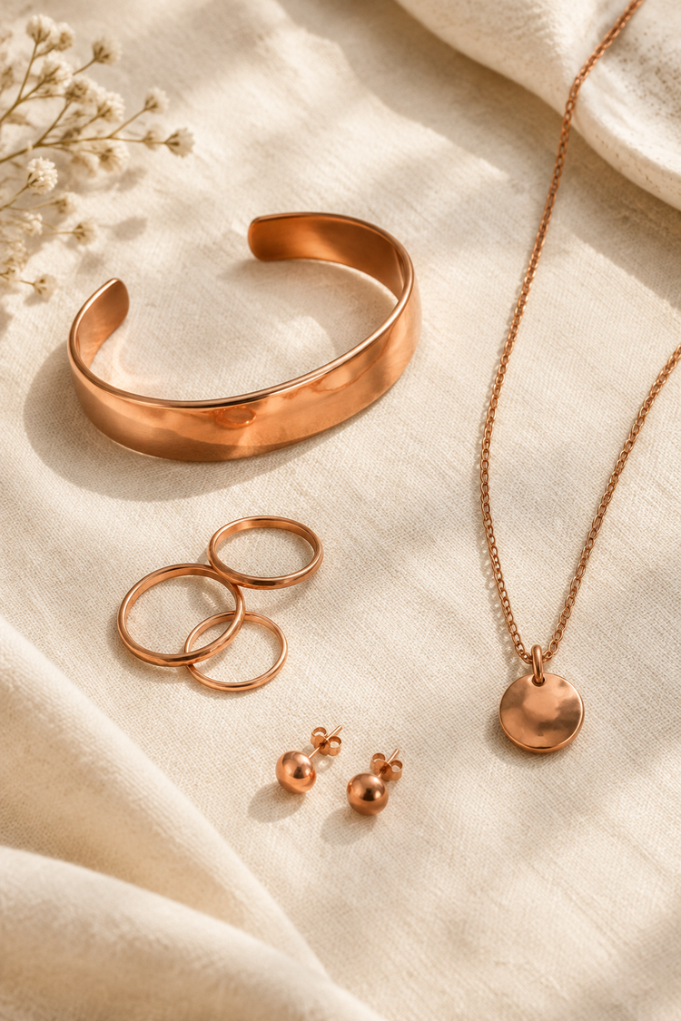 Copper cuff, rings, necklace and earrings laid on ivory linen