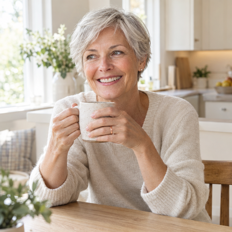 Linda smiling at her kitchen table, wearing her copper ring