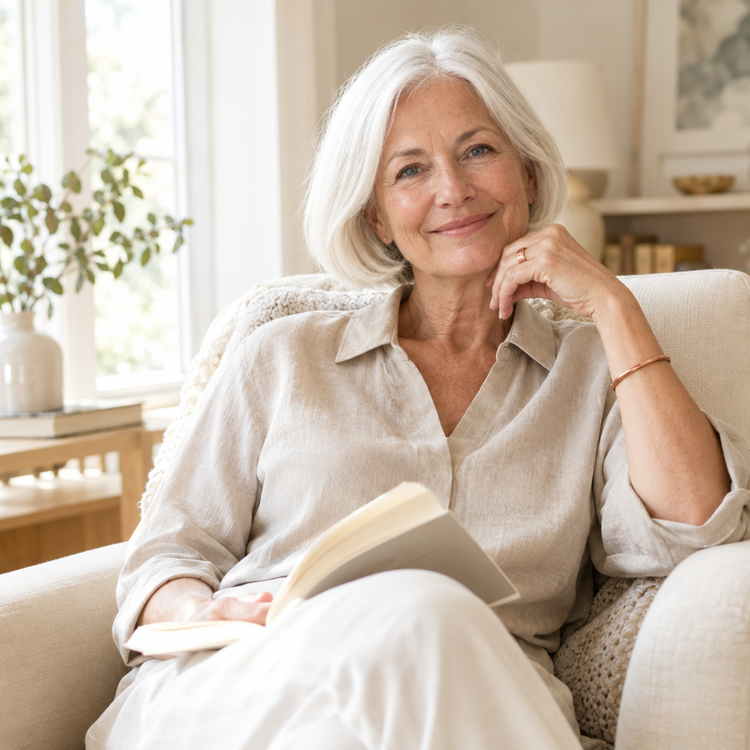 Joan reading in an armchair, wearing a copper ring and bracelet