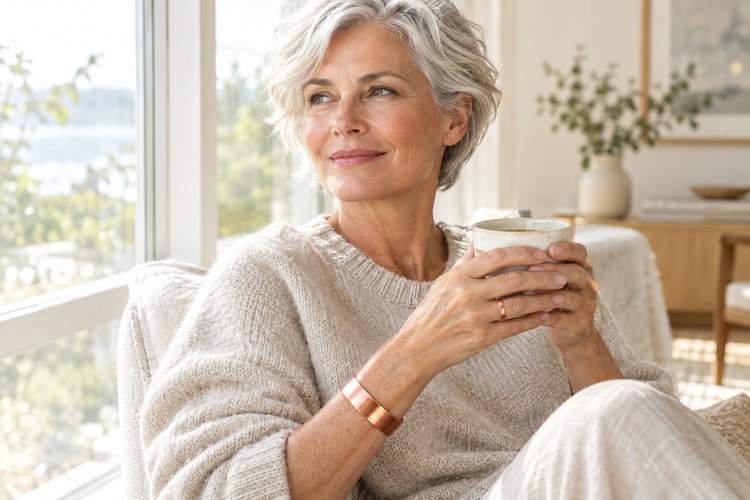 Woman wearing a copper cuff and copper ring, holding a cup of tea by a sunlit window
