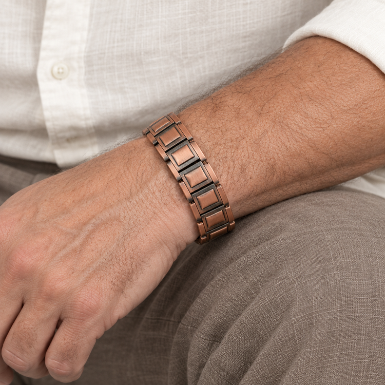 Close wrist view of Sentinel Copper Bracelet on studio model