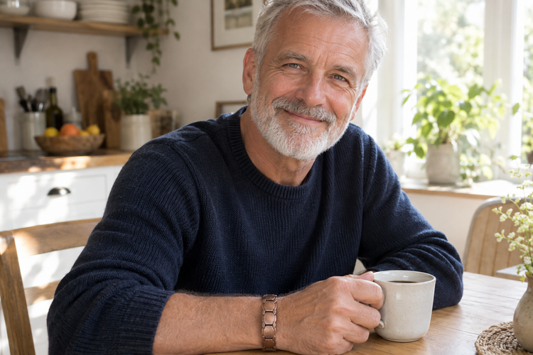 Robert at his kitchen table with a coffee, wearing a copper link bracelet