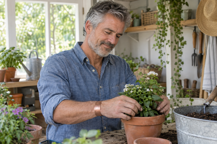 Michael potting plants in his garden shed, wearing a copper cuff