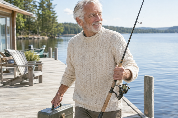 Thomas on a lake dock with his fishing gear, wearing a copper cuff
